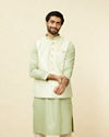 alt message - Manyavar Men Lime Green Self Patterned Jacket Set image number 0